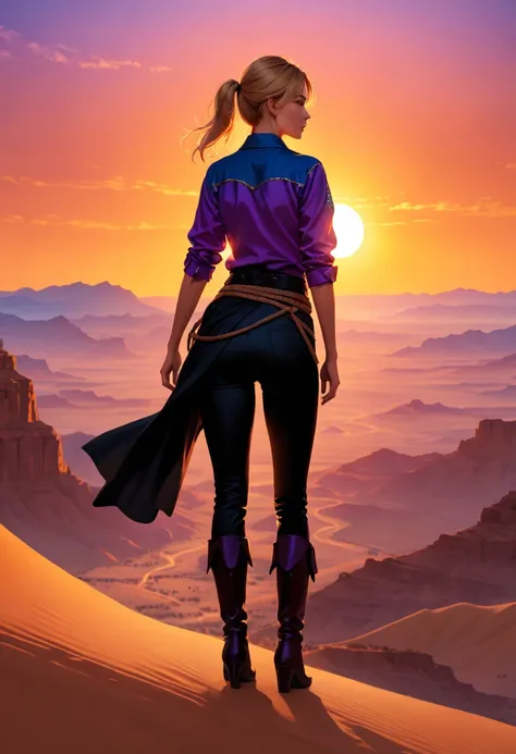 an oil painting of woman cowboy standing on the desert mountain at sunset, watching the desert canyon, an exquisite beautiful woman, most beautiful woman, blond hair, long hair, in a pony tail, ultra detailed face, best detailed face, wearing blue button s...