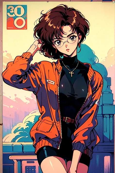 (80s, Retro, Poster:1.5), (masterpiece, 最high quality), (anime, figure), (pastel colour:1.4), Best Photo Poses, Dynamic Angle, high quality, High resolution, Attention to detail, Haruka is short, Shiny Hair, Sharp brown eyes behind glasses, calm attitude. ...