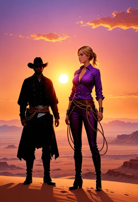 an oil painting of woman cowboy standing on the desert mountain at sunset, watching the desert canyon, an exquisite beautiful woman, most beautiful woman, blond hair, long hair, in a pony tail, ultra detailed face, best detailed face, wearing button shirt,...