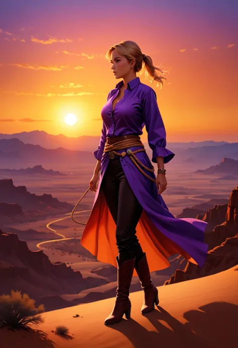 an oil painting of woman cowboy standing on the desert mountain at sunset, watching the desert canyon, an exquisite beautiful wo...