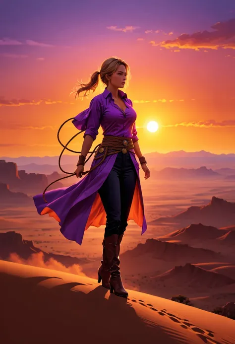 an oil painting of woman cowboy standing on the desert mountain at sunset, watching the desert canyon, an exquisite beautiful woman, most beautiful woman, blond hair, long hair, in a pony tail, ultra detailed face, best detailed face, wearing button shirt,...