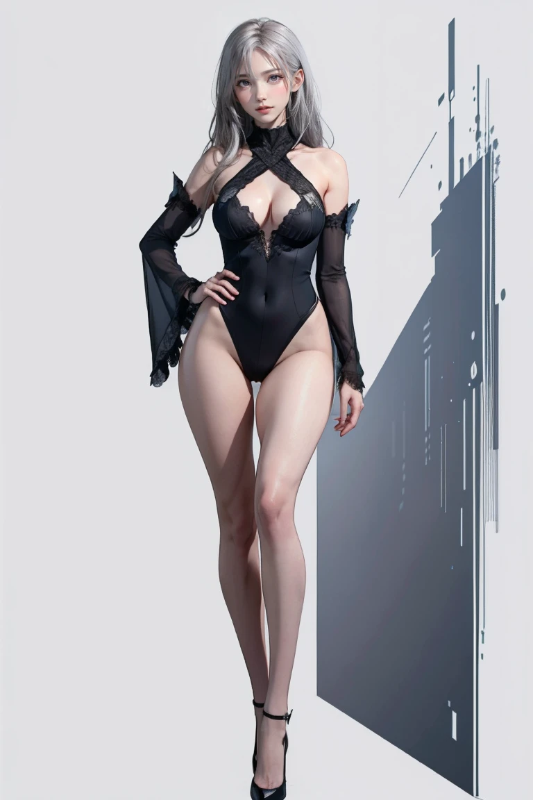 Master of animation, A perfect masterpiece, On a pure white background、Dressed in cool, sexy and modern clothes、Sexy mature modern woman standing, Flowing silver hair, Full Body Stand Posture, Thin legs, Large Breasts, Detailed facial details, Natural and ...