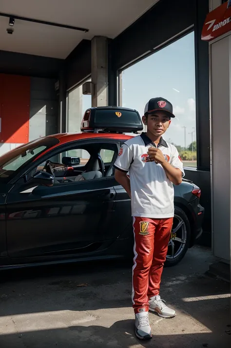 Super Realistic Cartoon, 3D caricature, 15 year old Indonesian boy, wearing a racing costume from a red Play Station game, standing next to a red Ferrari sports car with the words "PLAY STATION", wearing a baseball cap and holding a helmet. Below the pictu...