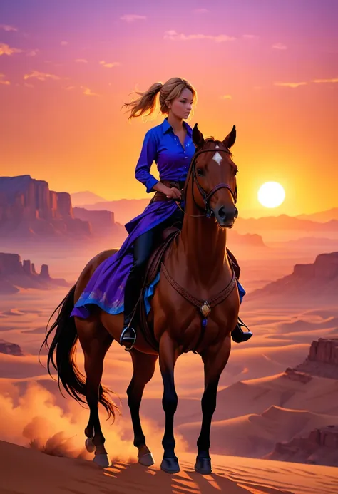 an oil painting of woman cowboy riding a horse on the desert mountain at sunset, watching the desert canyon, an exquisite beautiful woman, most beautiful woman, blond hair, long hair, in a pony tail, ultra detailed face, best detailed face, wearing blue bu...