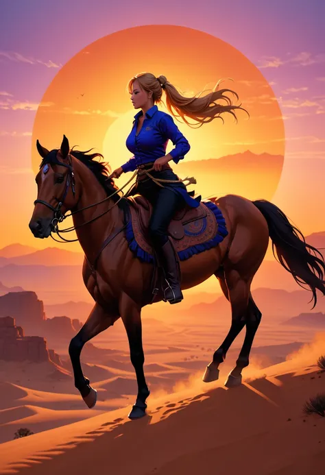 an oil painting of woman cowboy riding a horse on the desert mountain at sunset, watching the desert canyon, an exquisite beauti...