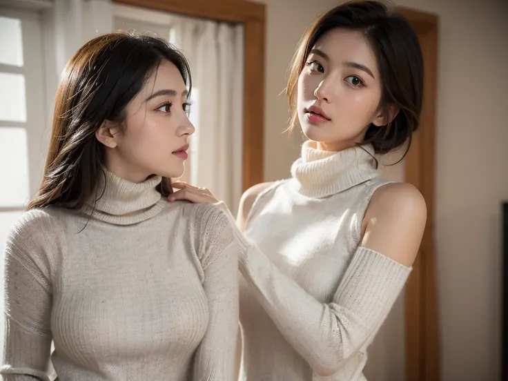 (((masterpiece, best quality,ultra-detailed,8k,high resolution))), (upper body),24 years old ,Japanese girl, 1girl, short hair,turtleneck sweater,(((grabbing turtleneck collar))), (Half a face out of a turtleneck sweater:2),(((long turtleneck)))