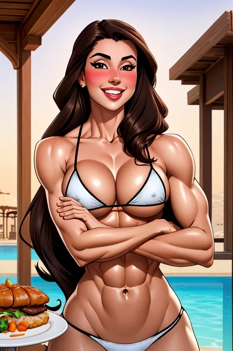 attractive arabian woman, ripped muscle, muscular body, pale skin, smile(blush), bikini, sixpack abs, [ultra detailed skin:1.2], dark brown hair, long breezy hair, 8k uhd, pussy, stand, restaurant,