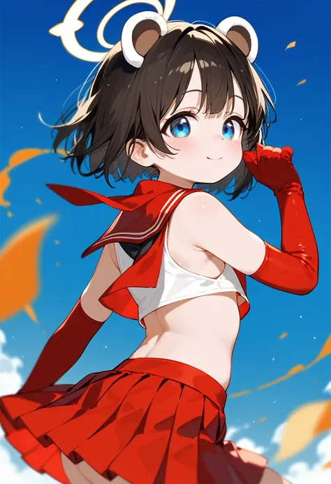 little_girl,little_body,loli_tsubaki, blue eyes, black hair, short hair, raccoon ears, halo, red serafuku, crop top, sleeveless, sideboob, midriff, red skirt, pleated skirt, geta boots, red gloves, elbow gloves, cute