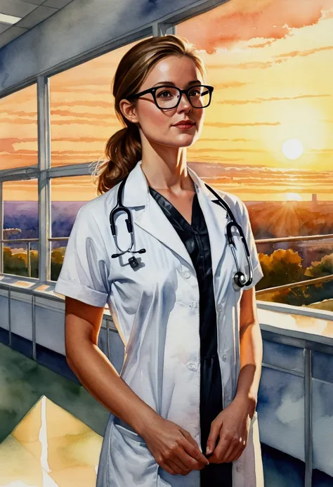 A captivating watercolor painting of a young, pretty lady exuding both intelligence and professionalism. She dons bold nerd glasses and a stethoscope draped around her neck. Her body-fitting white doctors dress is complemented by black pants and leather sh...