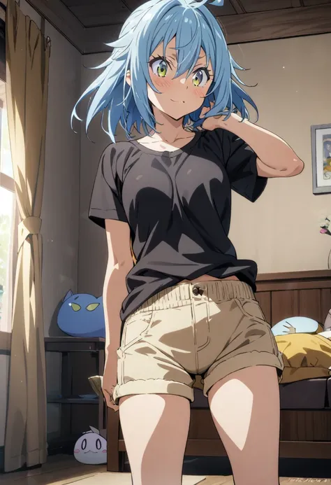 1girl, albis(tensei shitara slime datta ken), tensei shitara slime datta ken,shirt,shorts,room,masterpiece, best quality, absurdres,