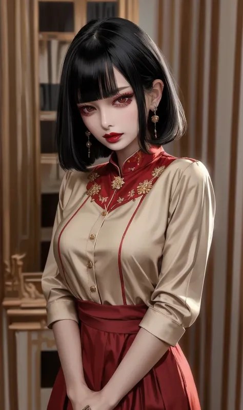 masterpiece, best quality, 32k, insane details, intricate details,
1girl, fashion photography, in style of angura keihime - cut, straight hairin a minimalist Misasakan roomhigh-wistskirtcllaredshirtshort hairstripedblunt bangs
A mature facesideway...