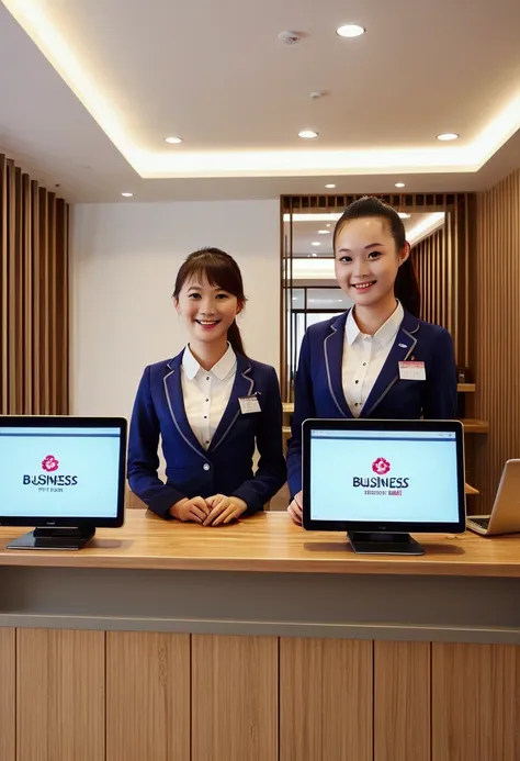 business hotel front desk。simple and modern design。on a wooden counter、computers and phones are neatly arranged。staff wear forma...