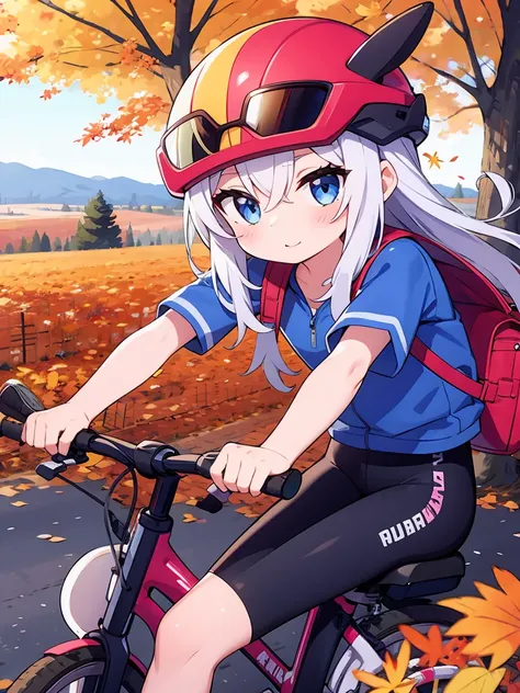 A girl cycling on the autumn plateau、Bicycle helmet on head、