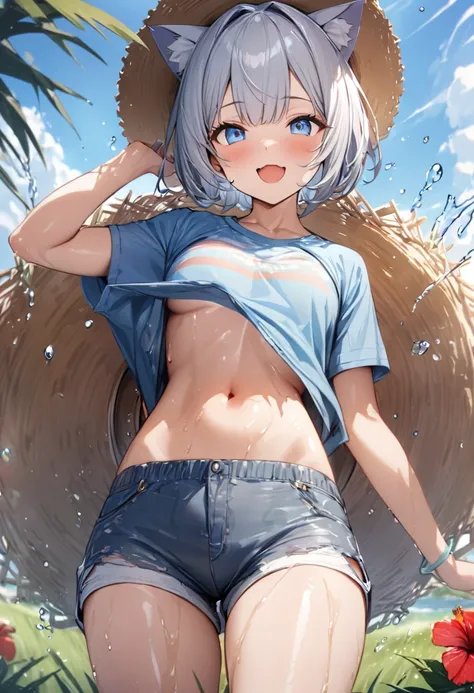 1girl、(((best quality)), ((masterpiece)), (details), masterpiece, best quality, high quality, ulutra detailed, perfect face, ((1girl, Blue eyes, cat ears: 1.3 silver bob hair: 2.5,))、Shiny Hair、Glowing Skin、Happy face、Lustful look、Water Play、Sprinkle water...