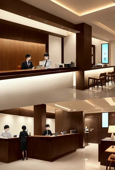 Business hotel front desk。Simple and modern design。On a wooden counter、Computers and phones are neatly arranged。Staff wear formal uniforms、Welcoming customers with a smile。The lobby has comfortable chairs and tables.、Business guests relaxing。The lighting i...