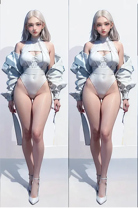 Master of animation, A perfect masterpiece, On a pure white background、Dressed in cool, sexy and modern clothes、Sexy mature modern woman standing, Flowing silver hair, Full Body Stand Posture, Thin legs, Large Breasts, Detailed facial details, Natural and ...