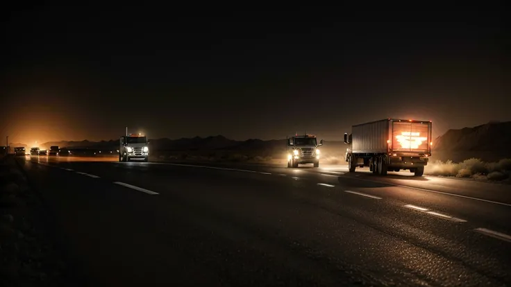 truck in front and car behind chasing him on a highway in the desert on a very dark night with a gloomy air