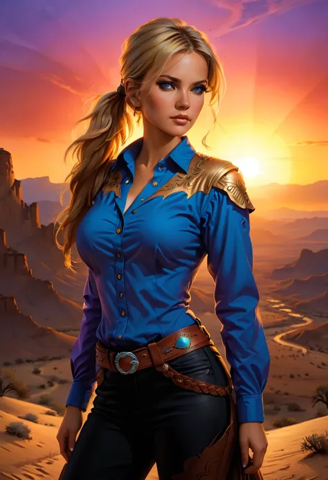 an oil painting of woman cowboy standing on the desert mountain at sunset, watching the desert canyon, an exquisite beautiful woman, most beautiful woman, blond hair, long hair, in a pony tail, ultra detailed face, best detailed face, wearing blue button s...