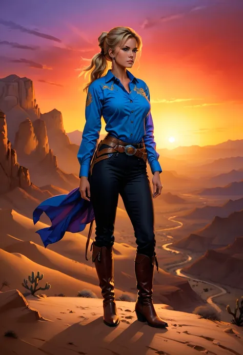 an oil painting of woman cowboy standing on the desert mountain at sunset, watching the desert canyon, an exquisite beautiful wo...