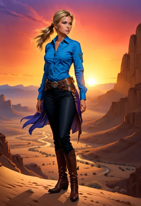 an oil painting of woman cowboy standing on the desert mountain at sunset, watching the desert canyon, an exquisite beautiful woman, most beautiful woman, blond hair, long hair, in a pony tail, ultra detailed face, best detailed face, wearing blue button s...