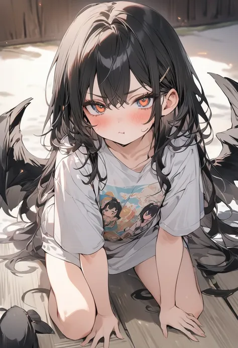 Full body, one dowdy T-shirt, masterpiece, hot and languid expression, 8K picture quality, black hair pout, cute, talebearing eyes like in Japanese anime.