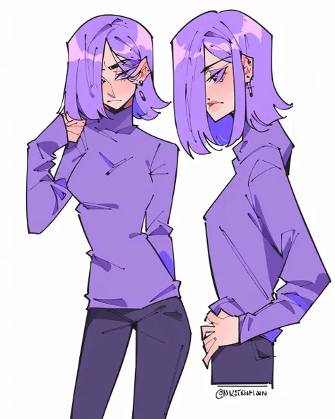 score_9, 1girl, female, (solo), standing, lily duolingo, purple hair, hair over one eye, sweater, pants, flat colors, no lineart...