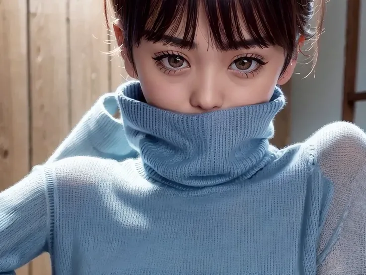 (((masterpiece, best quality,ultra-detailed,8k,high resolution))), (upper body),24 years old ,Japanese girl, 1girl, short hair, (Cover half face with a turtleneck sweater:1.7),(grabbing turtleneck collar:2)