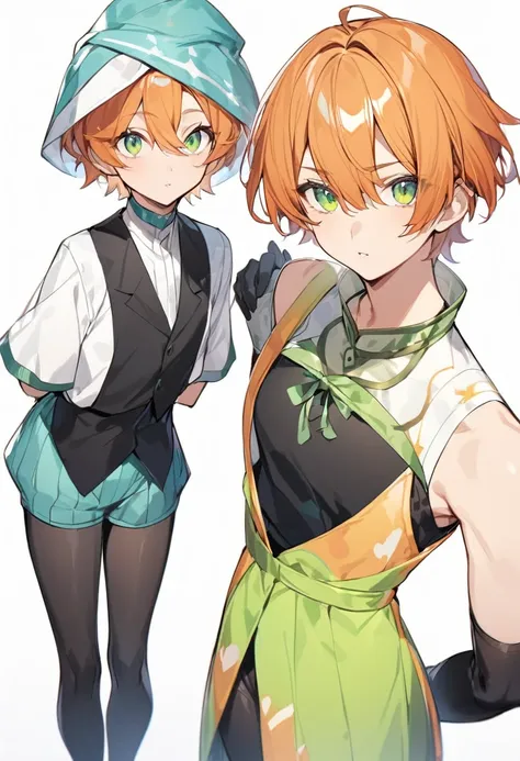 （One girl）、((short hair))、right orange hair、((boyish))、Crossdresser、((Dairy-free))、(Healer)、Black Vest、black leggings、White sleeveless、black gloves、say、green eye、arm behind back、White Background、