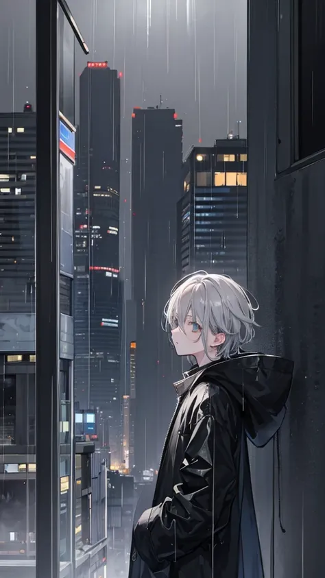 a boy, grey hair, looking out to the distant, night city, rain, black coat