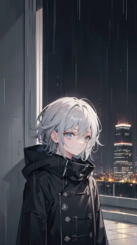 a boy, grey hair, looking out to the distant, night city, rain, black coat