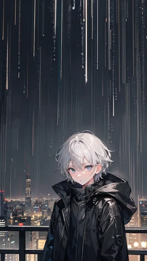 a boy, grey hair, looking out to the distant, night city, rain, black coat