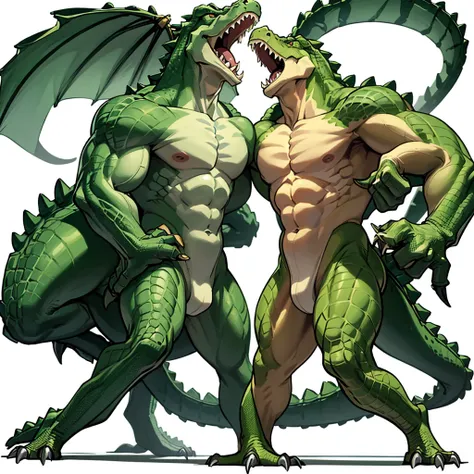 (Full body character concept、group)、Best illustrations、Best Quality、((((No humans)))), reptiles,, green body, Crocodile human, Muscular,、Combat Stance、(Crocodile scales)、front、(White background)