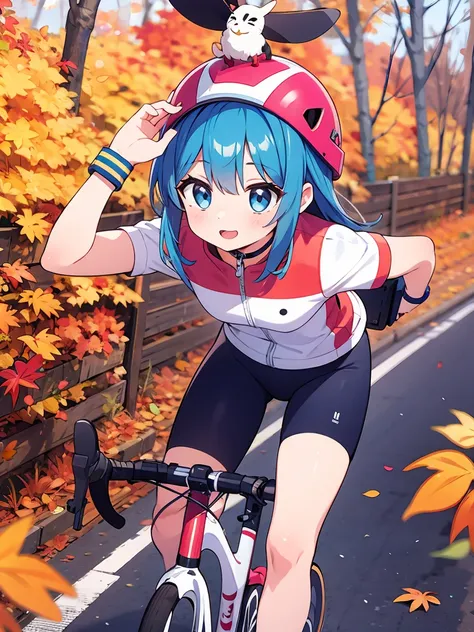 A girl cycling on the autumn plateau、Bicycle helmet on head、Both feet on the pedals、