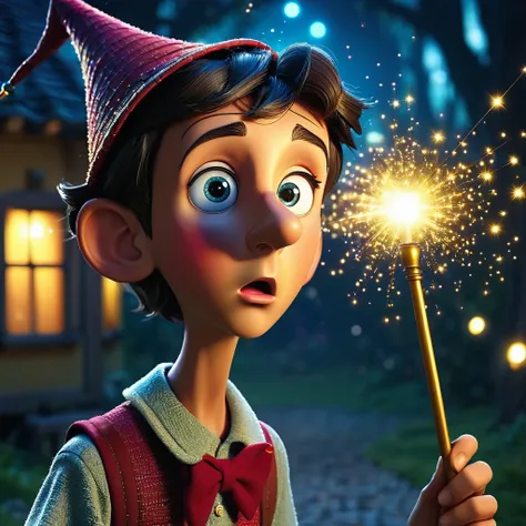 Pinocchio，fantasy background， particle lights， glowing element， night， surprised look， looking at own long nose，long nose，