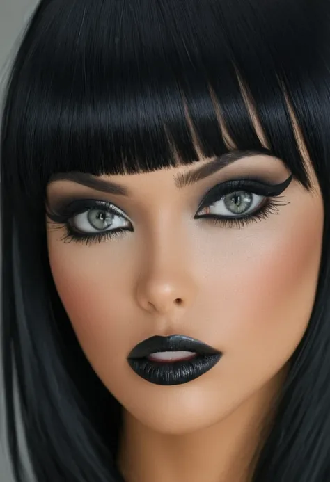 1 aubade girl, magnificent, black har, blunt bangs, yeux gris argenté brillants, black eyeliner, chrome lips, sensual lips sligh...