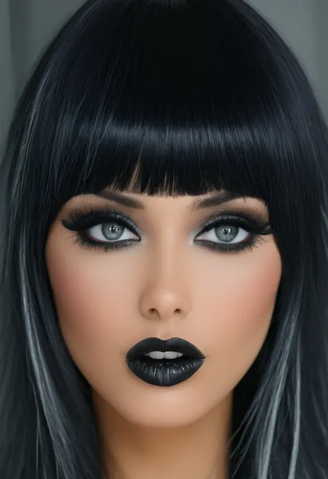 1 aubade girl, magnificent, black har, blunt bangs, yeux gris argenté brillants, black eyeliner, chrome lips, sensual lips sligh...