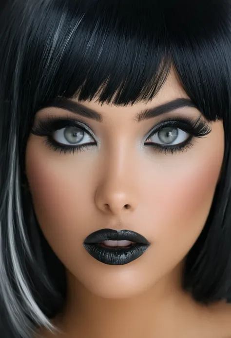 1 aubade girl, magnificent, black har, blunt bangs, yeux gris argenté brillants, black eyeliner, chrome lips, sensual lips sligh...