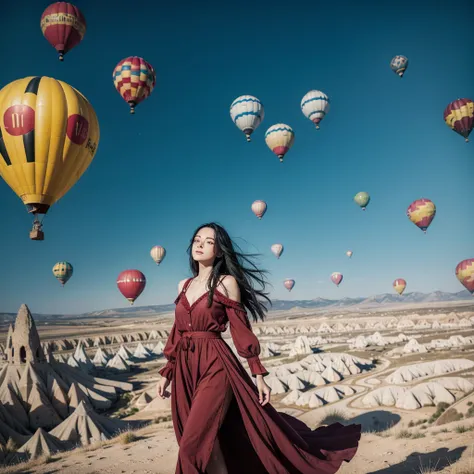  red skin, yellow eyes, long black hair, wearing maroon dress, walking on the cappadocia tukey, colorful hot air balloons in the sky