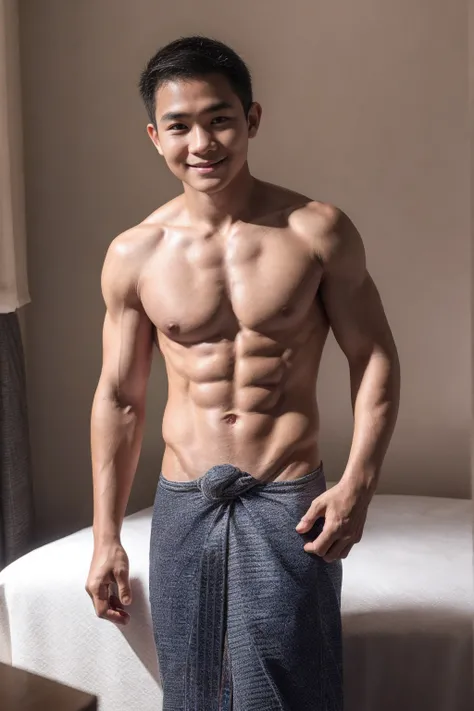 1boy, (Black Eyes), happy smile,Thai boy,14 years old,man hot nerd,young, skinny boy body, slender, sport body build, child-like,White Teenage boy,Close-up photo,full body photo ,RAW photo,male, shirtless, six pack abs, white background, amm mc outfit, ver...