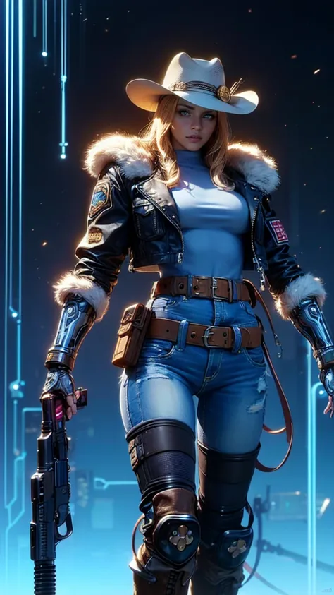 top quality, future world, State-of-the-art robot, Beautiful Woman, flying hair, Transformed into a cyborg except for the face,  Transformed into a cyborg except for the shoulder, sexy images, whole body photo, (((cowboy, hat, jacket, belt, gun, boots)))