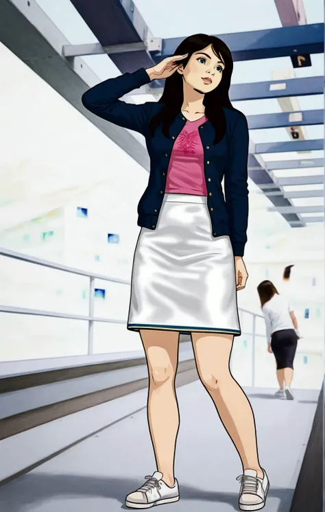 photorealistic of pretty young woman standing on modern footbridge, she wearing navy-blue jacket (+outer), pink t-shirt, white pencil skirt, and white sneakers, black long hair woman, forehead, (1girl, solo,full body), (masterpiece, best quality)