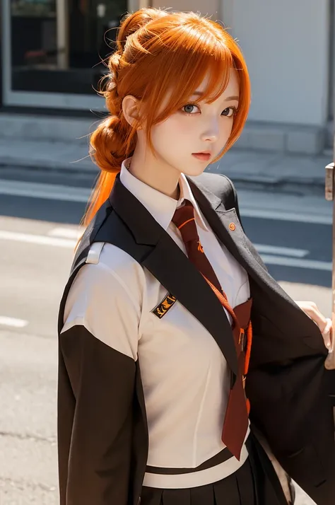 Long Hair、Orange Eyes、Orange Hair、Small breasts、Hair in a bun and down、uniform、JK