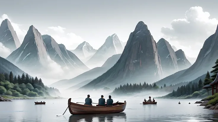 peaceful scene in monochrome ink wash painting style.  It has mist-covered mountains with sharp peaks and gentle slopes.  In the foreground, The calm water reflects the mountains and clouds above.  A traditional rowing boat carrying four human figures glid...