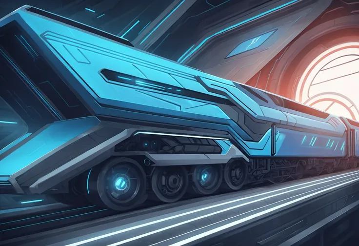 frowny face blue train with eye in sci-fi art style
