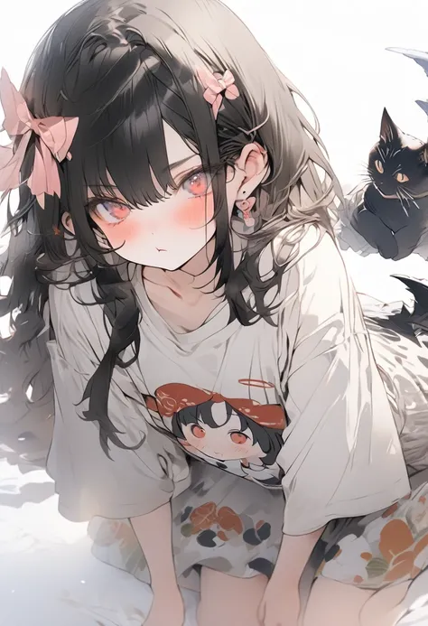 Full body, one dowdy T-shirt, masterpiece, hot and languid expression, 8K picture quality, black hair pout, cute, talebearing eyes like in Japanese anime.