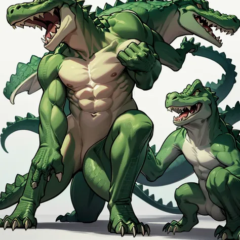 (full body character concept、group)、best illustrations、best quality、((((no humans)))), reptiles,, green body, crocodile human, m...