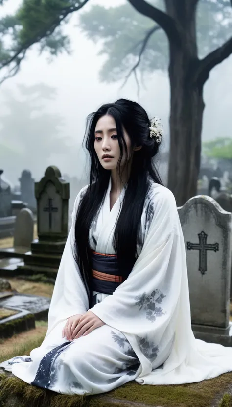 Floating in an ancient, neglected graveyard, a Yurei drifts silently among the tombstones. Her long, white burial kimono flows around her ethereal form, and her black hair hangs loosely over her face. The background is a misty, overgrown cemetery with crum...