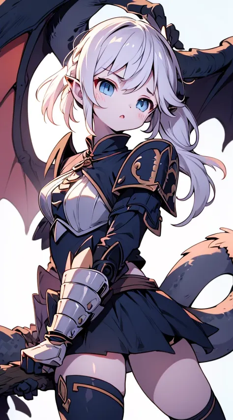 Dragon Girl，knight女孩，穿着knight铠甲的女孩，Breastplate，Skirt Armor，Arm Guard，Leggings，Bare thighs，丝绸Knee socks，Knee socks，White hair，Long hair，Single ponytail hairstyle，Dragon Horn女孩，Dragon Wings，Girl with wings，Dragon Horn，horn，巨Dragon Wings，White Wings，Dragon Ta...