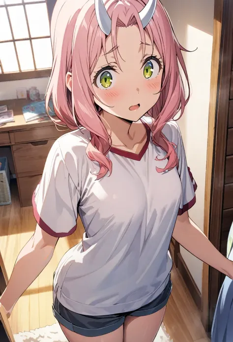 1girl, shuna(tensei shitara slime datta ken), tensei shitara slime datta ken,Two horns growing out of the forehead,shirt,shorts,room,masterpiece, best quality, absurdres,