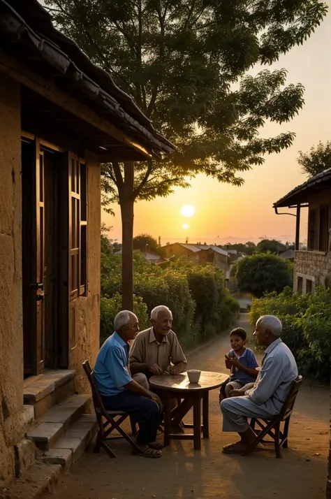 An old man sitting with children and he meets them with beautiful stories in a village with a beautiful sunset